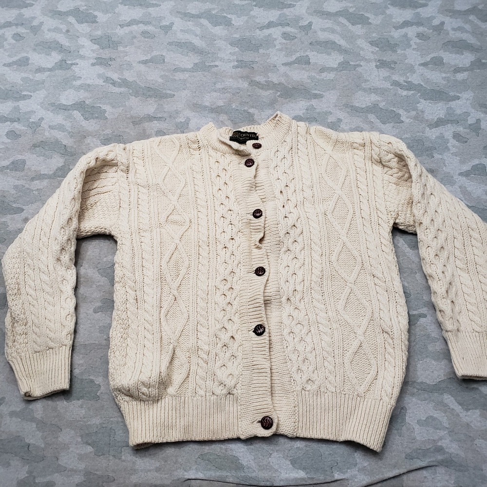 Vtg Country Knitwear Cardigan Sweater Womens XL Beige Wool Cable Knit Fisherman